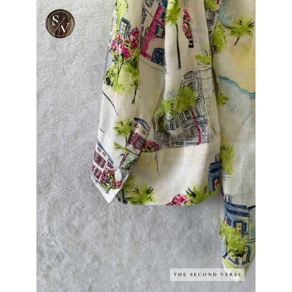 Chico's Linen Button Front Shirt 3/4 Sleeve Atlantic Coastal Scene Size 16/18 - Picture 6 of 10